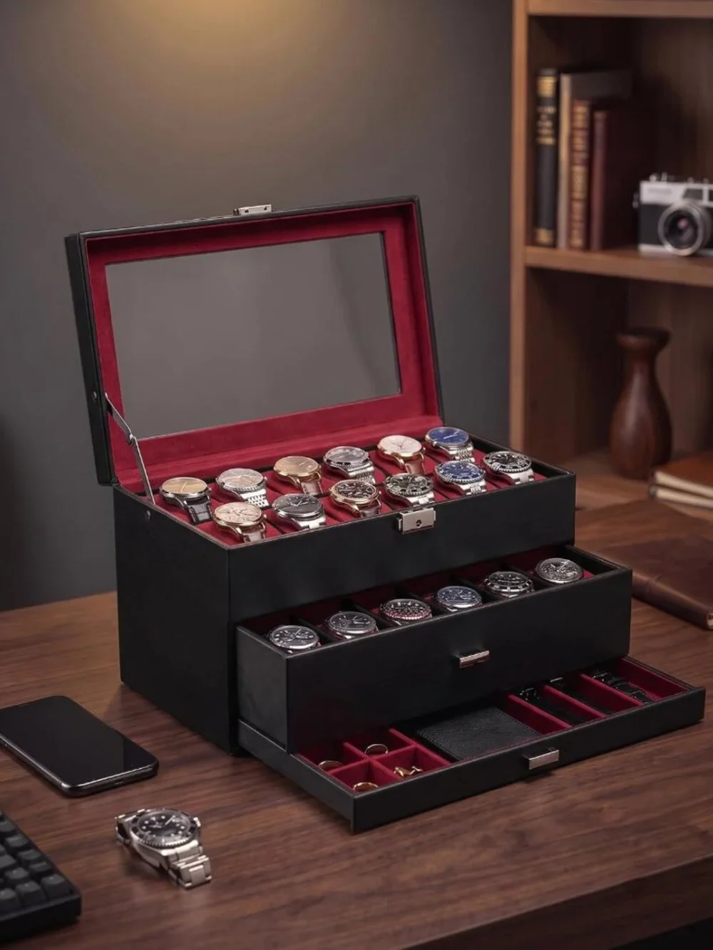 Large 24-Slot Watch Box for Men - Elegant Wine Red Organizer for Timepieces